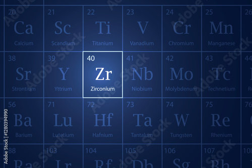 Zirconium element glowing in a dark periodic table