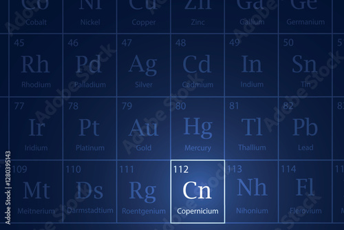 Copernicium element glowing in a dark periodic table