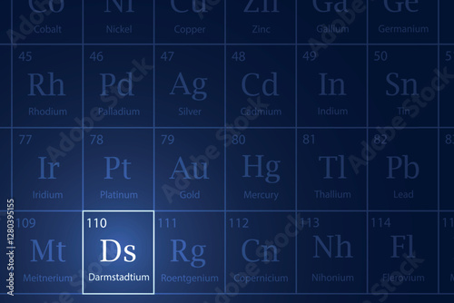 Darmstadtium element glowing in a dark periodic table