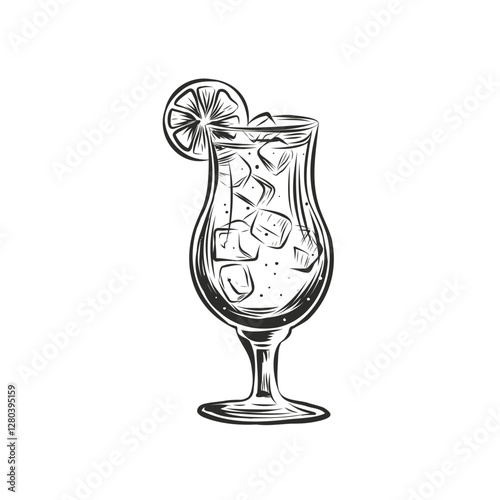 Glass goblet with alcohol cocktail. Pina Colada, Blue Lagoon, Mai Tai, gin fizz cocktail with ice cubes and slice of lemon. Vector illustration isolated on transparent background. Sketch style.