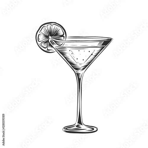 Cosmopolitan cocktail. Glass with alcohol cocktail with lime. Martini Dry, Daiquiri Cocktail, Vesper, Bronx, Vermouth, Hand drawn alcohol cocktail. vector sketch isolated on transparent background