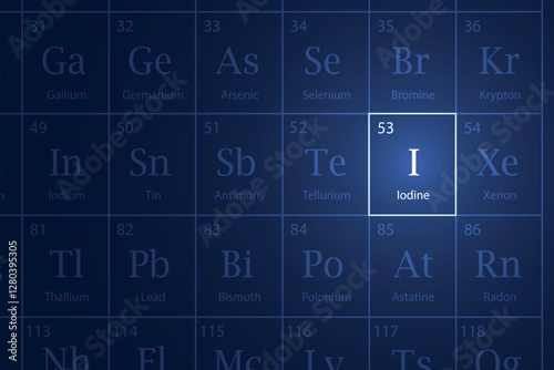 Iodine element glowing in a dark periodic table