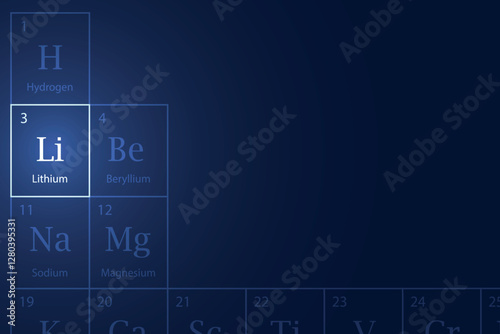 Lithium element glowing in a dark periodic table