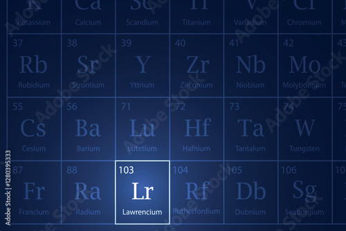 Lawrencium element glowing in a dark periodic table