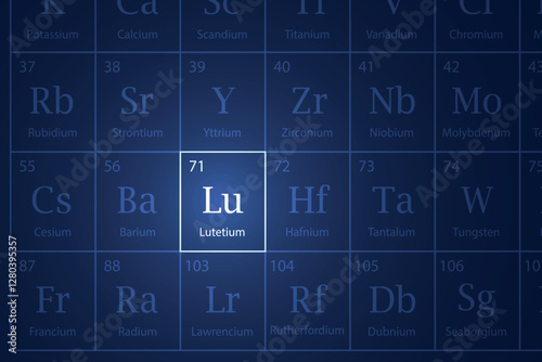 Lutetium element glowing in a dark periodic table