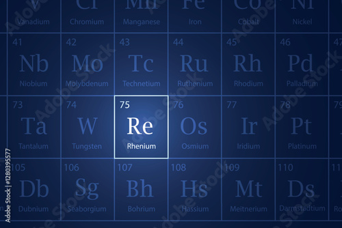 Rhenium element glowing in a dark periodic table