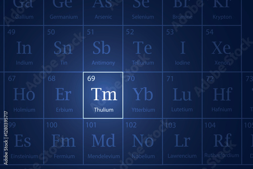 Thulium element glowing in a dark periodic table