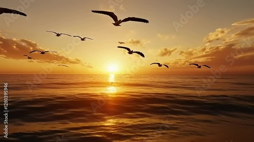 A serene sunset over the ocean with birds flying, reflecting tranquility and nature's beauty.