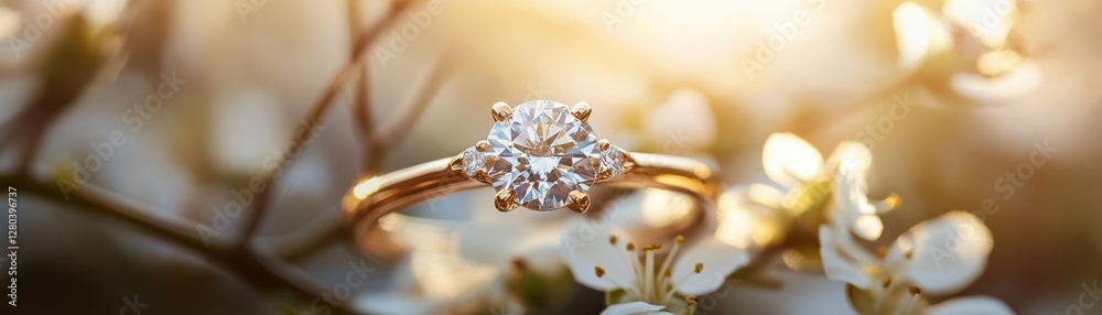 Fototapeta premium Stunning golden engagement ring featuring a brilliant large diamond, symbolizing love and commitment.