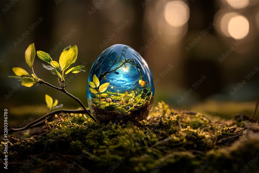 Easter Preparation Seasonal Festivities concept. A mystical blue egg surrounded by greenery and moss, evoking a sense of wonder in a forest setting.