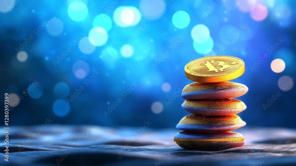 Obraz premium Gold Coins Stacked on Textured Surface with Blue Bokeh Background