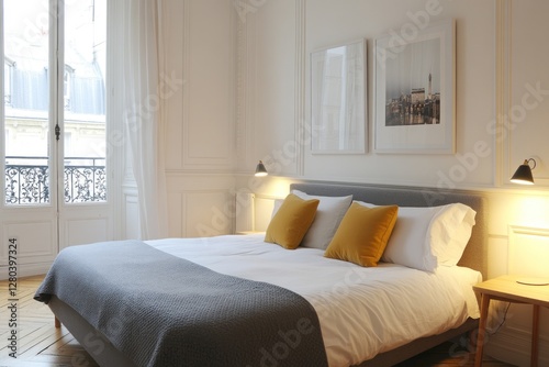 Parisian apartment bedroom, natural light, comfortable bed