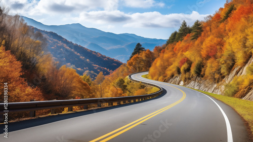 Scenic highway winding through mountains, showcasing vibrant fall colors, golden hour lighting, highlights the beauty of the landscape.