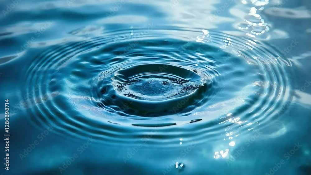 Close-up Drop of Water, Captivating Water Droplet Creating Ripples in a Tranquil Blue Surface Close-up Drop of Water, Captivating Water Droplet Creating Ripples in a Tranquil Blue Surface