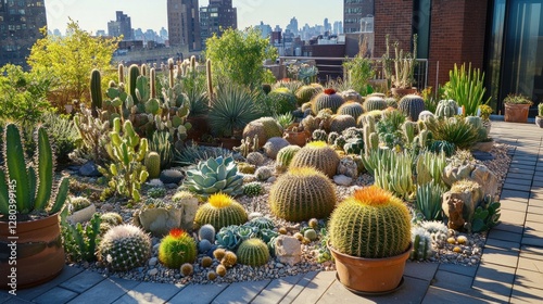 Urban rooftop oasis, a stunning collection of cacti, succulents and city views photo