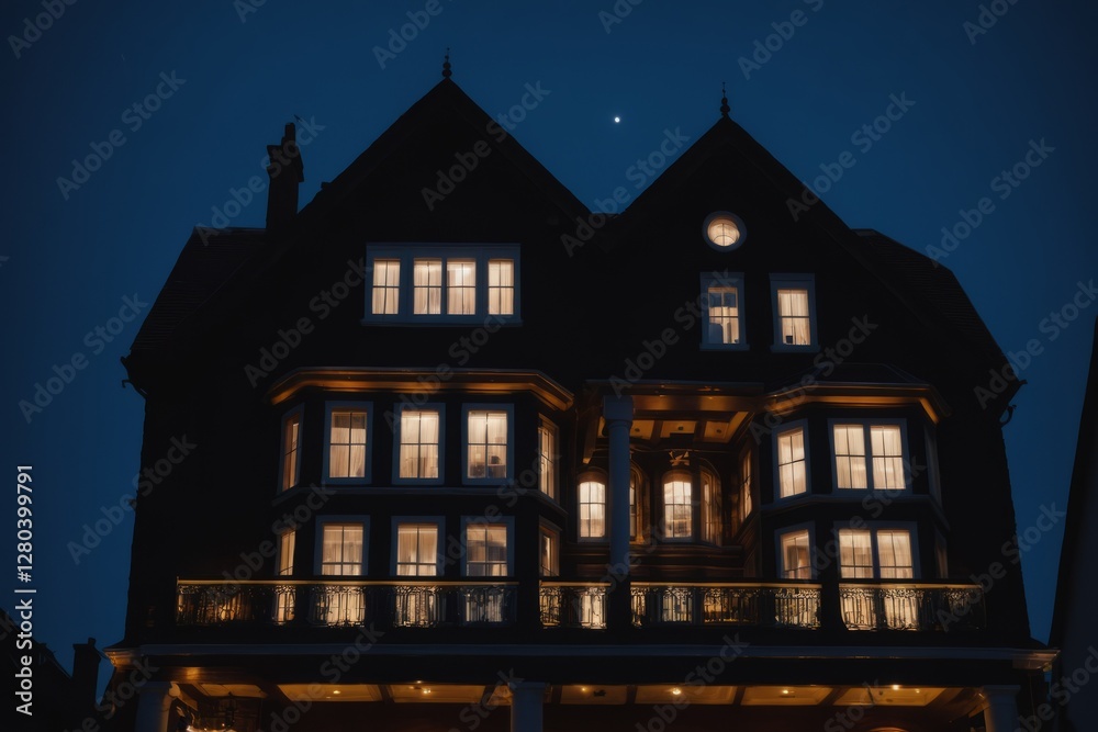 Old house with medieval architecture at night town with bright lamp, light, brick and stone exterior Old house with medieval architecture at night town with bright lamp, light, brick and stone exterior