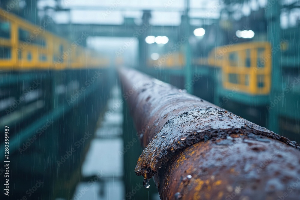 A decaying metal pipe drips with water amidst an industrial backdrop, showcasing the effects of time and weather on infrastructure with visible corrosion. A decaying metal pipe drips with water amidst an industrial backdrop, showcasing the effects of time and weather on infrastructure with visible corrosion.
