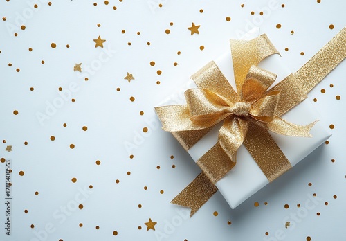 Festive white gift box adorned with a luxurious gold ribbon surrounded by scattered golden stars on a light background for celebratory occasions