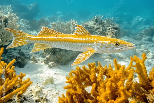 Yellow Fish Swimming Coral Reef photo