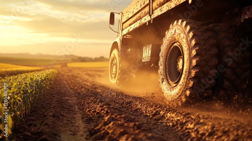 A dirty truck is driving down a dirt road. The sun is setting in the background, casting a warm glow over the scene