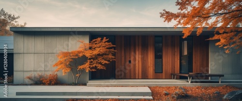 Modern house facade featuring concrete wood and autumn foliage