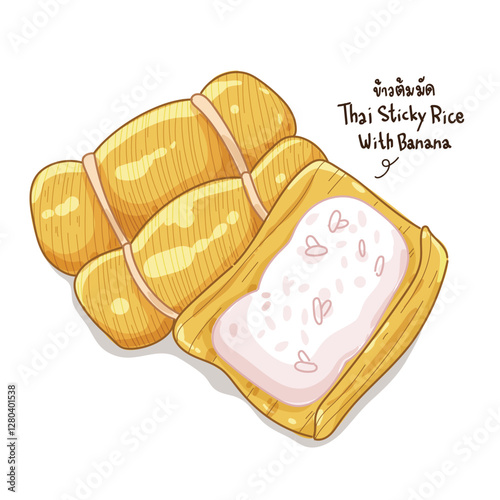 Thai Sticky Rice with Banana (Khao Tom Mud) Traditional Thai Dessert Illustration