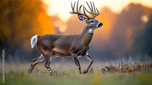 Majestic buck running at sunrise in autumnal field. Possible use Nature, wildlife, outdoors