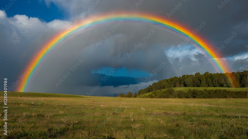 Majestic Rainbow Over Green Fields and Stormy Sky Nature Landscape