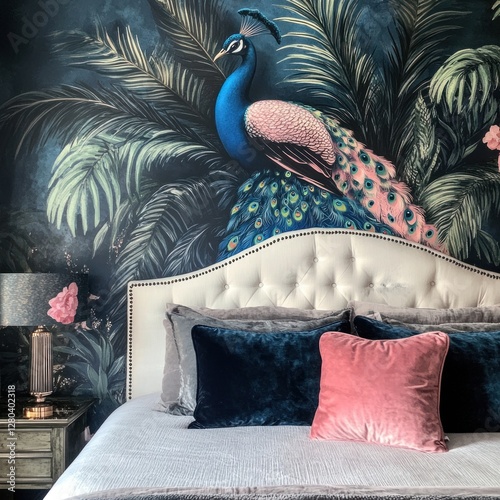Peacock mural bedroom, luxurious bedding, peaceful interior, home decor inspiration, bedroom aesthetic photo