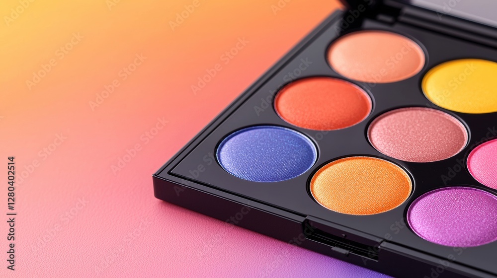 A colorful eyeshadow palette featuring vibrant shades of orange, purple, and pink against a soft gradient background. A colorful eyeshadow palette featuring vibrant shades of orange, purple, and pink against a soft gradient background.