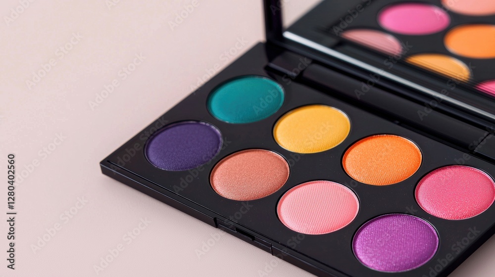 A vibrant eyeshadow palette featuring eight colorful shades arranged in a sleek compact, perfect for makeup enthusiasts. A vibrant eyeshadow palette featuring eight colorful shades arranged in a sleek compact, perfect for makeup enthusiasts.