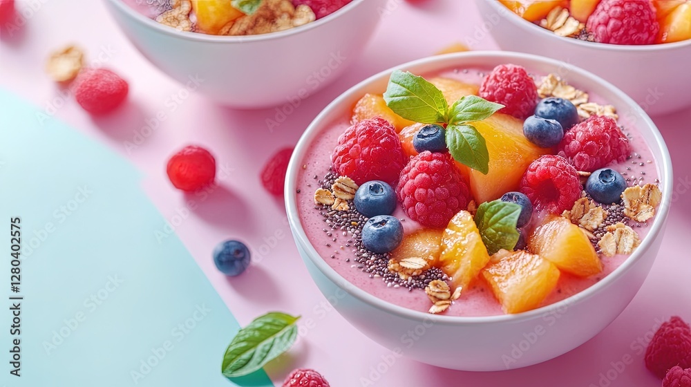 Smoothie bowls with fresh fruits, chia seeds, and granola on a pastel background for a healthy food ads Smoothie bowls with fresh fruits, chia seeds, and granola on a pastel background for a healthy food ads
