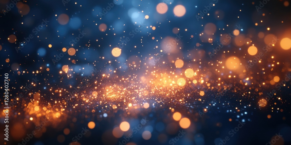 Obraz premium Glimmering Bokeh Background with Colorful Light Particles Creating a Magical Atmosphere in Gradient Blue and Orange Tones for Visual Art and Design Projects