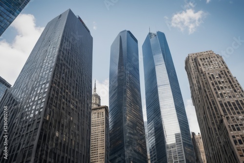 Skyscrapers in megapolitan City with glass windows reflecting the blue sky