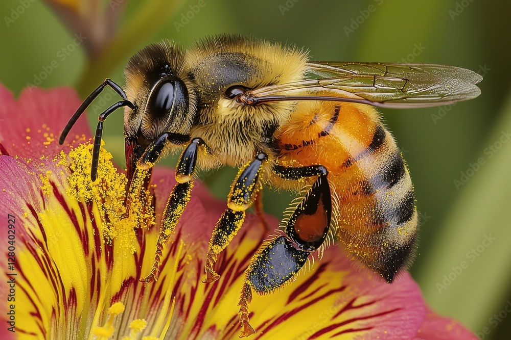 Macro shot of a bee collecting pollen from a vibrant Alstroemeria flower with detailed wings and legs, capturing nature's beauty in sharp focus. Macro shot of a bee collecting pollen from a vibrant Alstroemeria flower with detailed wings and legs, capturing nature's beauty in sharp focus.