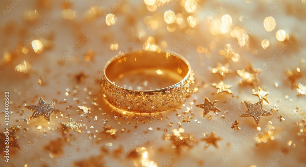 Glimmering Gold Ring Surrounded by Twinkling Gold Stars Creating a Festive and Enchanting Atmosphere for Celebrations and Special Occasions Glimmering Gold Ring Surrounded by Twinkling Gold Stars Creating a Festive and Enchanting Atmosphere for Celebrations and Special Occasions