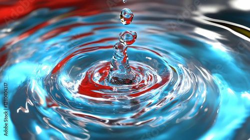 Realistic Image - Water Drop Splash with Red and Blue Ripples