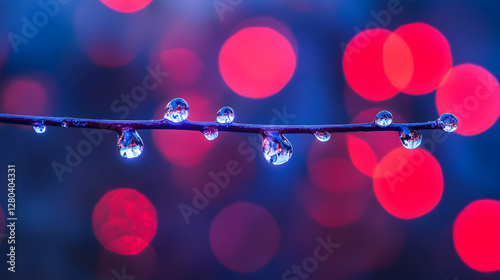 Photo: Dewdrops on Branch with Pink Bokeh Background - Macro Photography