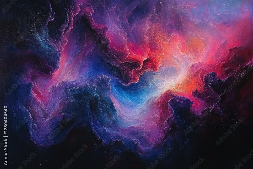 Fototapeta premium Abstract cosmic nebula with vibrant purple, blue, and red hues swirling in a mesmerizing pattern.