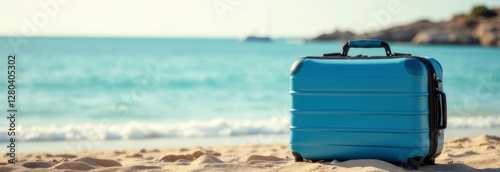 a blue suitcase on the beach against the background of the sea and mountains. travel. beach holidays, tourism.