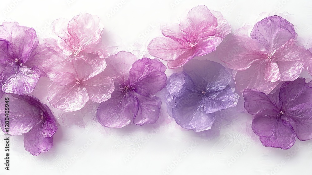 A delicate arrangement of translucent pink and purple flowers on a soft background. A delicate arrangement of translucent pink and purple flowers on a soft background.