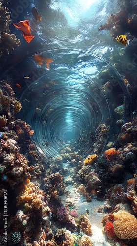 Underwater Coral Reef Tunnel Scene with Fish