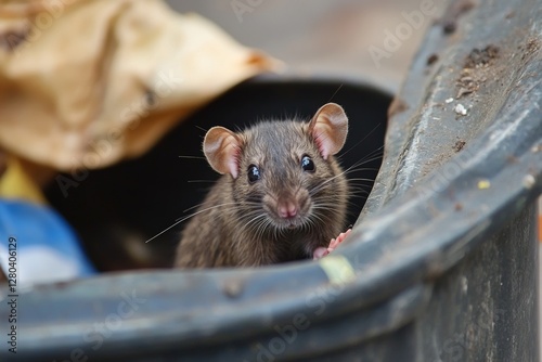 a rat peeks out of a trash can