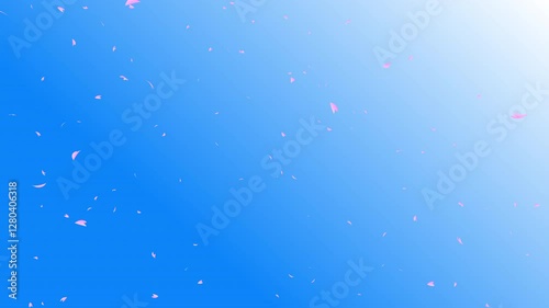 Some pink cherry petals falling sideways slowly from left to right on blue sky gradient background. Abstract background with a scene of Spring time in Japan.