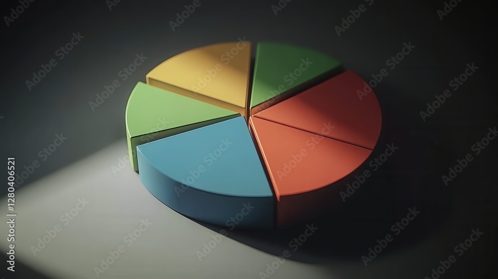 Fototapeta premium Colorful pie chart segments arranged on a dark surface with dramatic lighting highlighting shapes