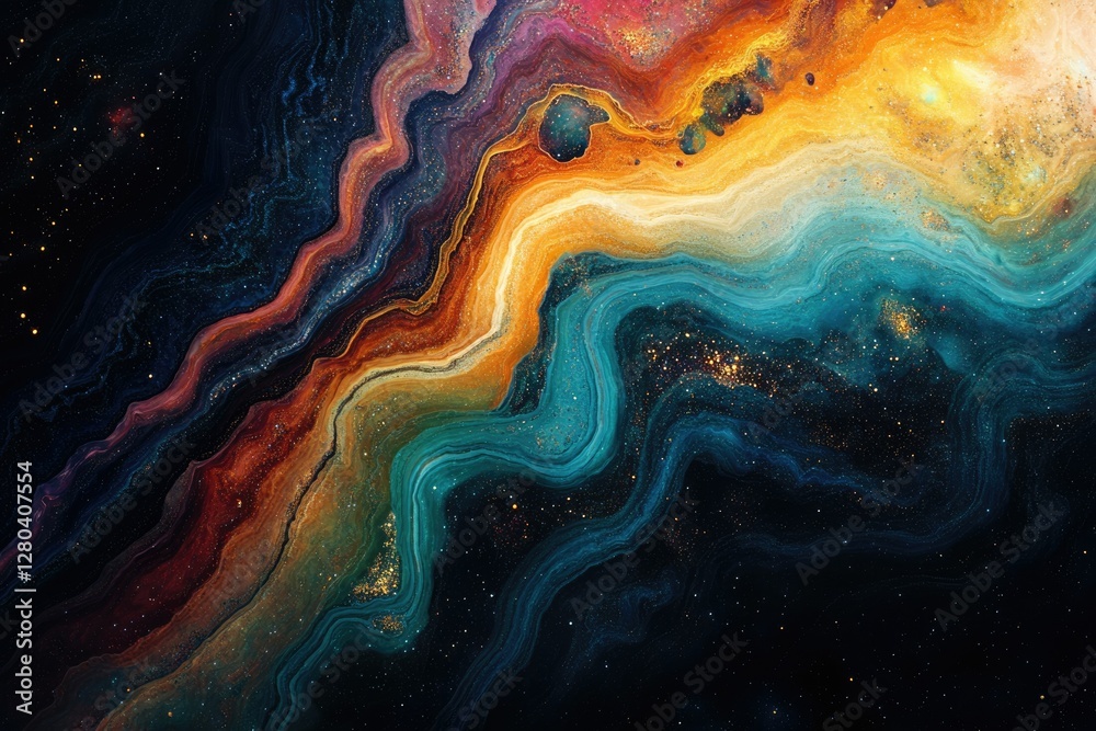 Obraz premium Abstract cosmic artwork depicting swirling nebulae in vibrant hues of blue, orange, and gold, interspersed with glittering stardust.