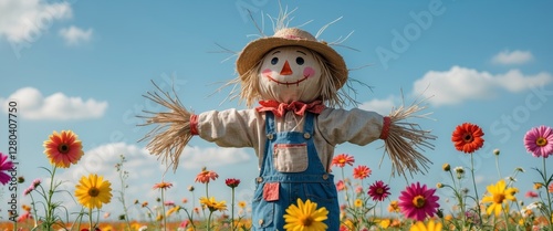 Colorful flower field with cheerful scarecrow under clear blue sky