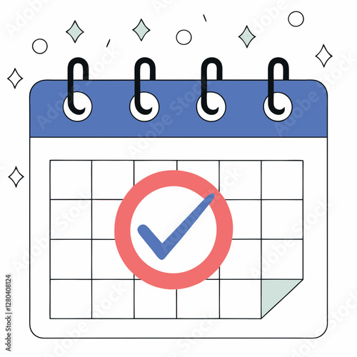Flat calendar icon with bold checkmark in red circle and sparkles around, modern vector graphic. Concept: time tracking, productivity planning, organized task management.