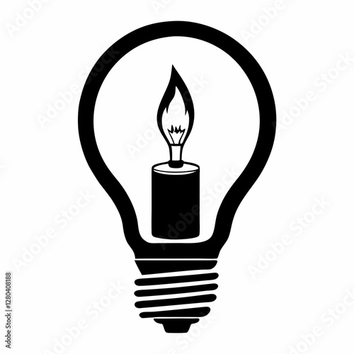 Strong graphic contrast shows candle flame within modern bulb. Black and white design emphasizes evolution of lighting technology. Concept: Traditional Innovation