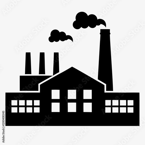 Factory building with chimneys and smoke icon in solid black silhouette, industrial skyline on white background. Concept: manufacturing plant, heavy industry, production zone.